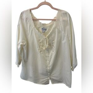 Caribbean Joe 1X Cream Embroidered Tie-Neck 3/4 Sleeve Blouse